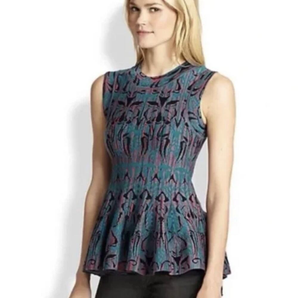 M Missoni Sleeveless Peplum Top Teal Red Abstract Knit Wool Blend Size 46